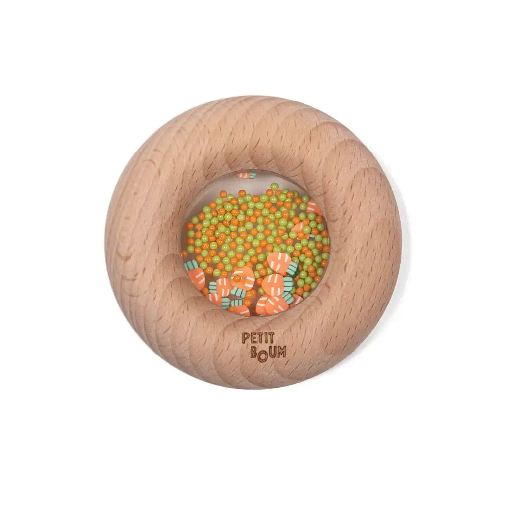 PETIT BOUM donut sensoriel en bois avec perles orange et vertes (carottes)