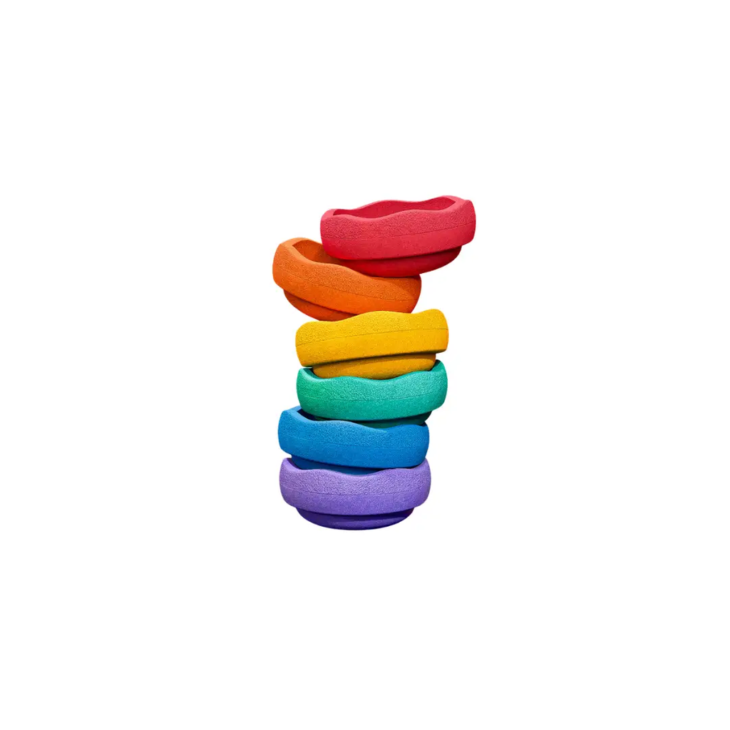 STAPELSTEIN original rainbow set interlocking blocks stacked in red, orange, yellow, green, blue, purple