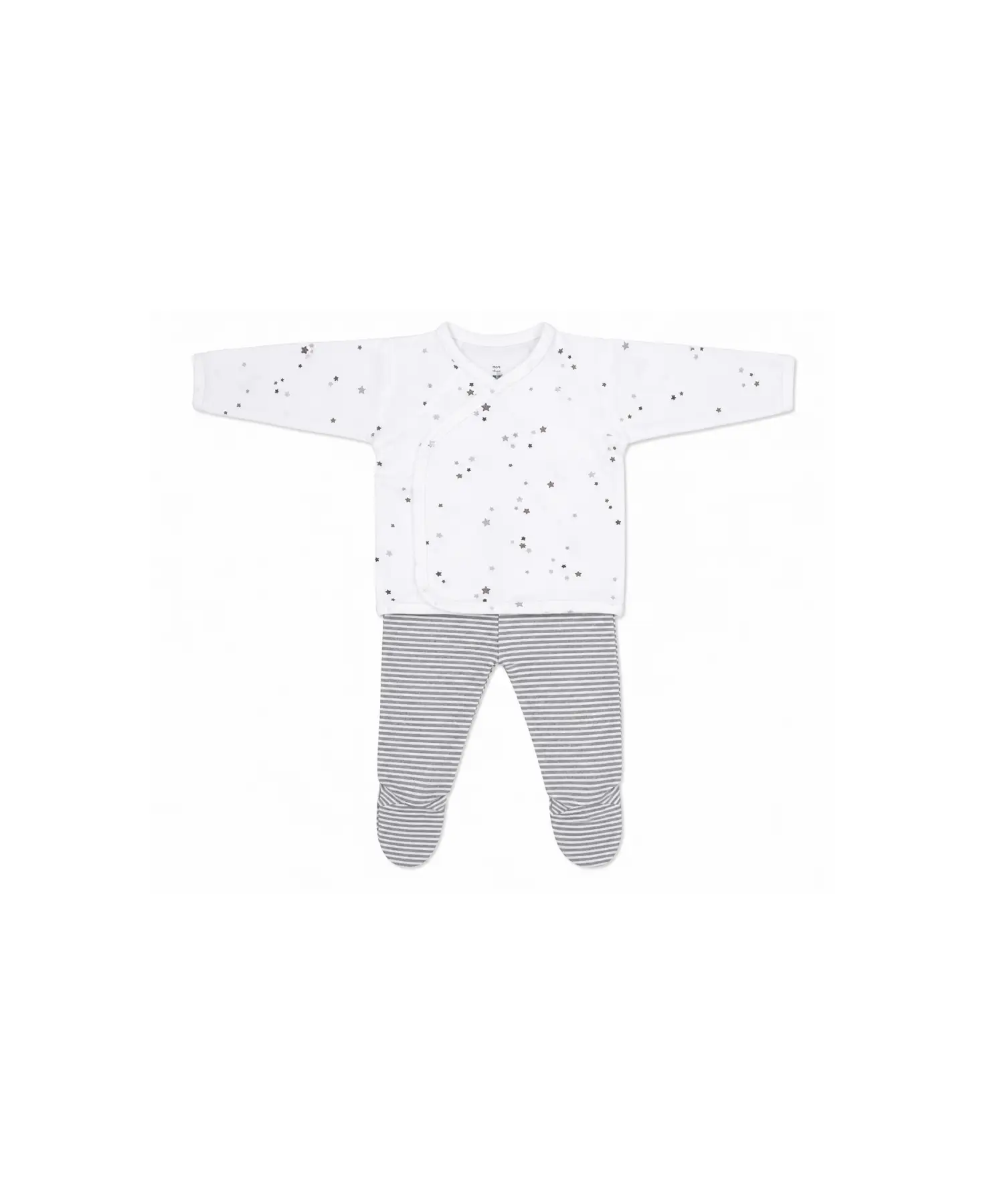 Ensemble bébé 2 pièces Citron Grenadine MORE THAN BABIES: haut blanc à étoiles argentées et pantalon gris à rayures