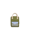 Sac à dos scolaire Citron Grenadine olive vert avec anses beige et poche frontale bleu clair et poche filet damier