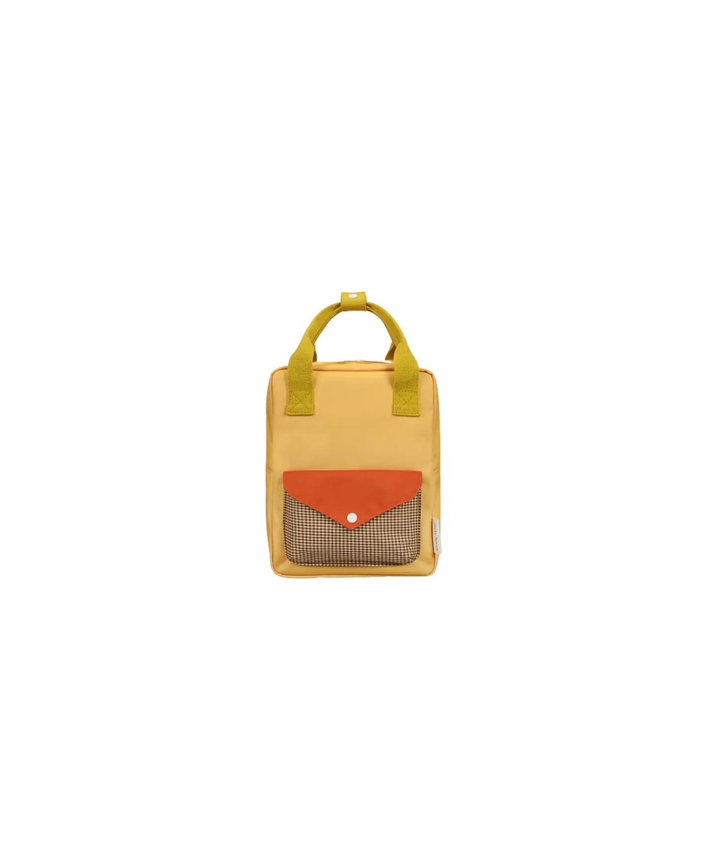 Sac à dos scolaire Sticky Lemon jaune, marque Citron Grenadine, avec poche frontale orange et motif carreaux beige/noir