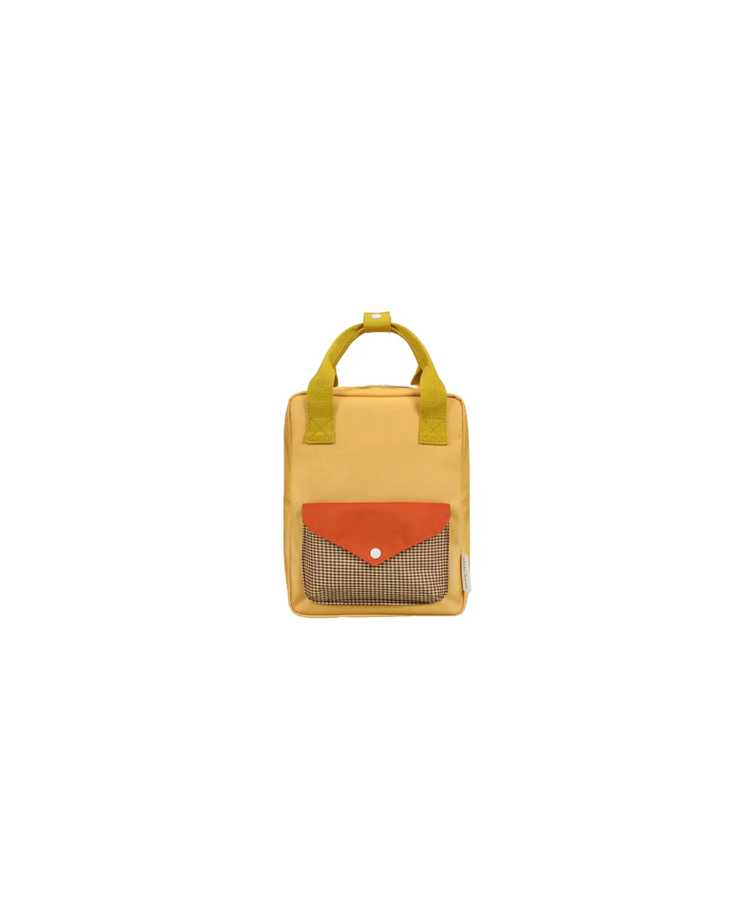 Sac à dos scolaire Sticky Lemon jaune, marque Citron Grenadine, avec poche frontale orange et motif carreaux beige/noir