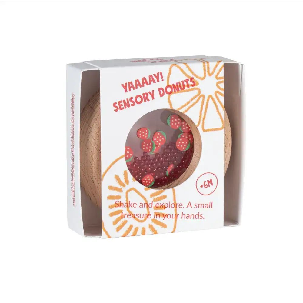 Petit Boum sensory donut teething toy with red strawberry beads, Citron Grenadine