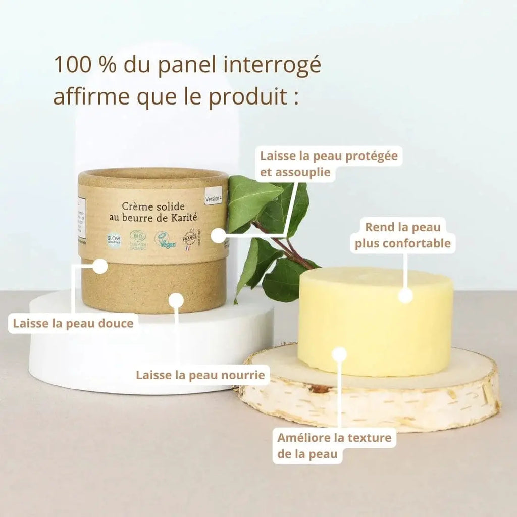 COMME AVANT Crème solide au beurre de karité, protection solaire; deux produits visibles: pot brun et barre jaune.