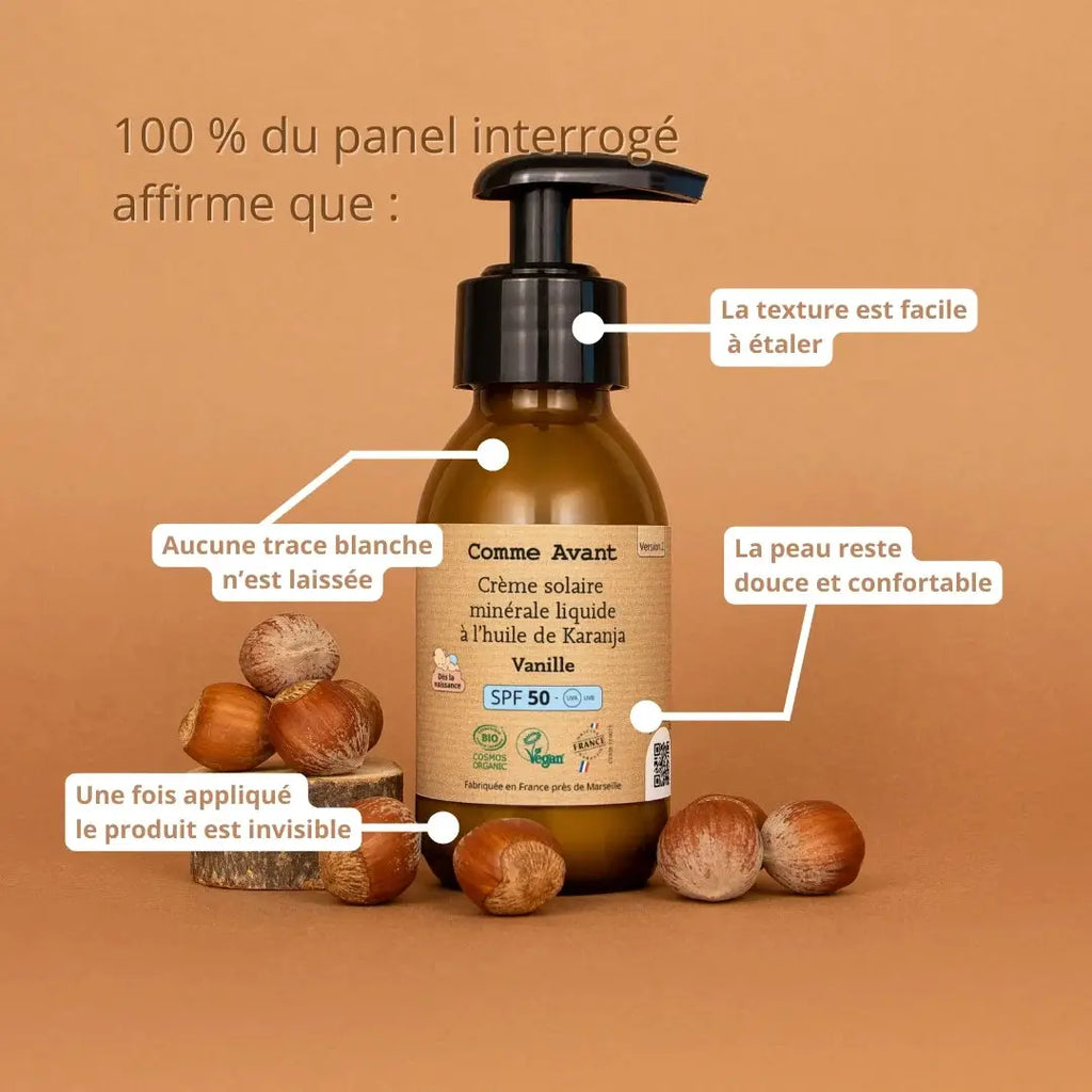 Crème solaire minérale liquide COMME AVANT SPF50 à l'huile de karanja et vanille, bouteille ambrée Citron Grenadine
