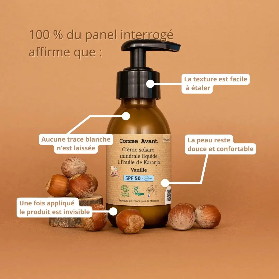 Crème solaire minérale liquide COMME AVANT SPF50 à l'huile de karanja et vanille, bouteille ambrée Citron Grenadine