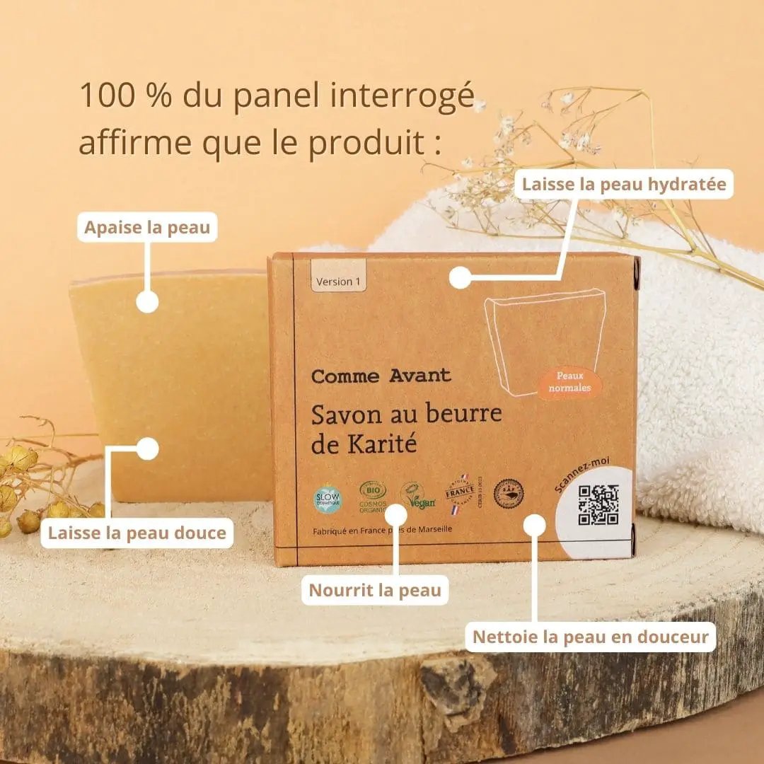 Savon solide au beurre de karité COMME AVANT – marque Citron Grenadine, emballage en carton brun
