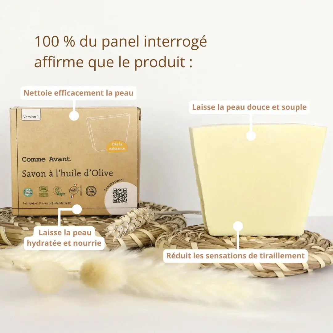 Savon solide COMME AVANT à l'huile d'olive - Citron Grenadine, boîte carton et savon beige