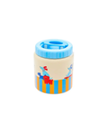 Kids' stainless steel lunch thermos with blue screw-on lid and beige body featuring colorful dog illustrations.