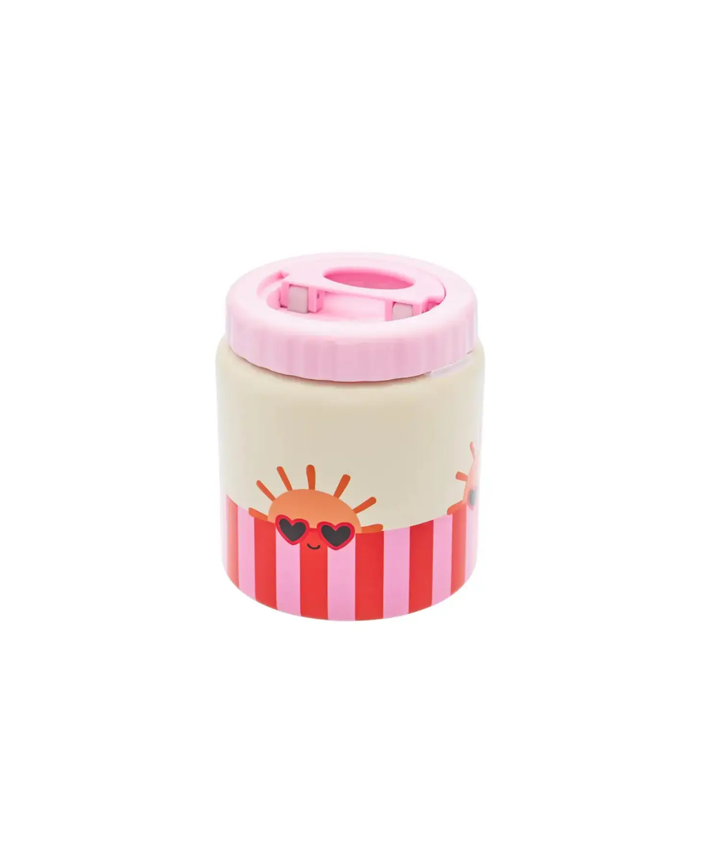 Thermos repas inox 500 ml avec bouchon rose; corps beige à motif soleil et rayures roses.