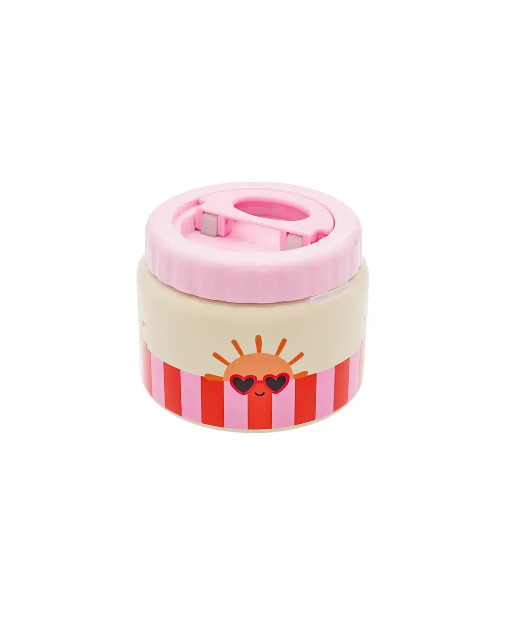 Thermos lunch bottle by Citron Grenadine; pink lid, beige body with sun graphic and pink-red stripes.