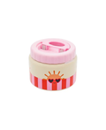 Thermos lunch bottle by Citron Grenadine; pink lid, beige body with sun graphic and pink-red stripes.