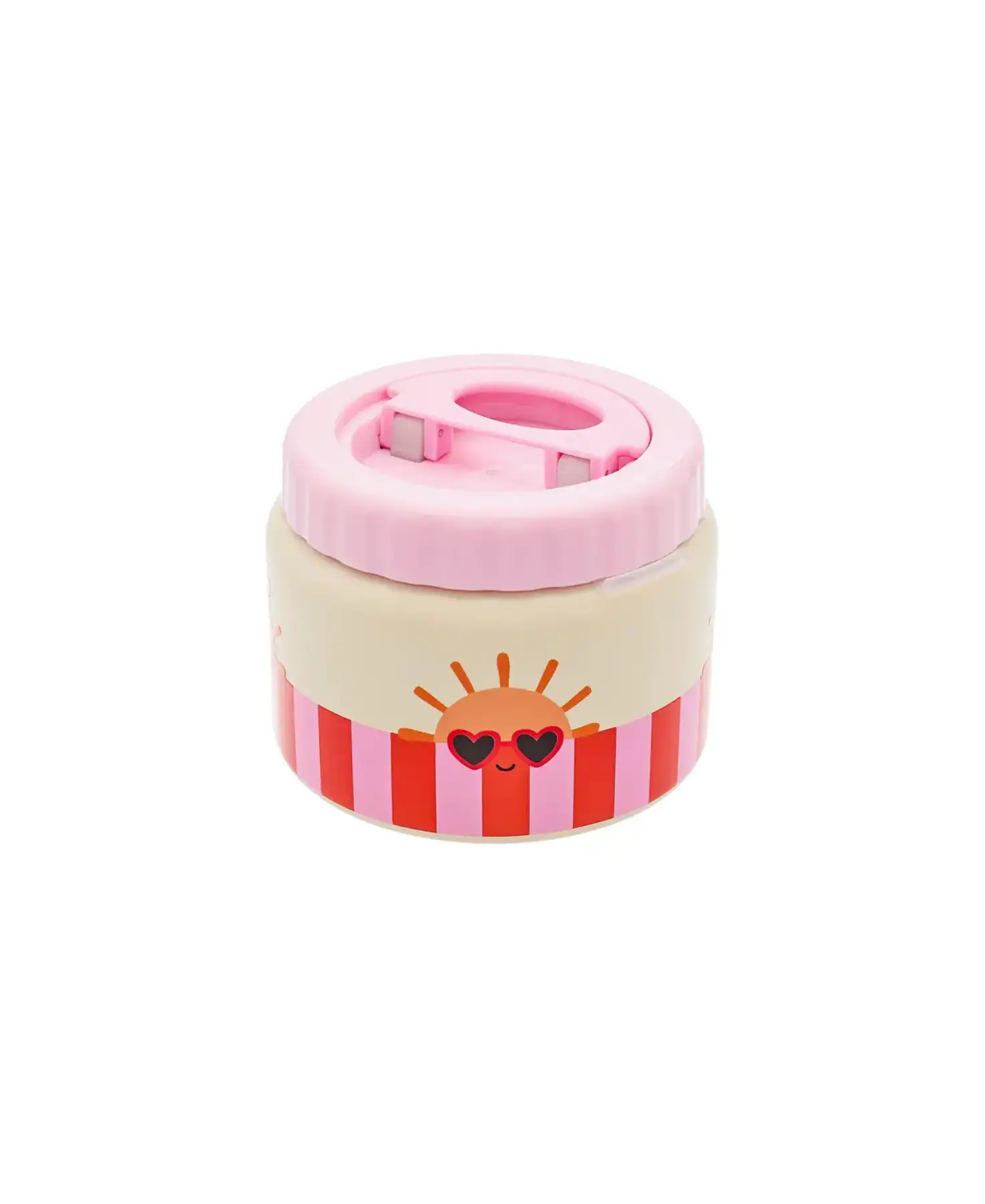 Thermos lunch bottle by Citron Grenadine; pink lid, beige body with sun graphic and pink-red stripes.