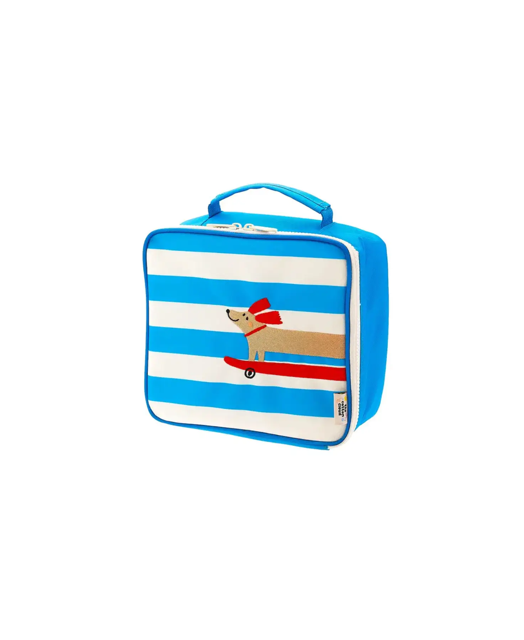 Insulated lunch bag blue and white stripes with a dog illustration on a red board, Citron Grenadine Cotton Cloud Woof Gang