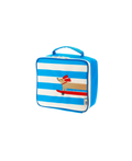 Insulated lunch bag blue and white stripes with a dog illustration on a red board, Citron Grenadine Cotton Cloud Woof Gang