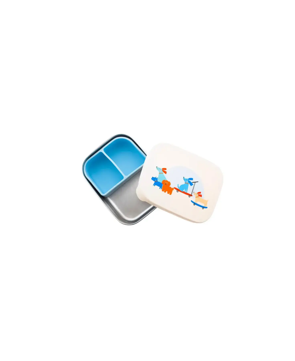 THE COTTON CLOUD lunchbox, metal tin with blue dual-compartment interior, cream lid with colorful dog illustration.