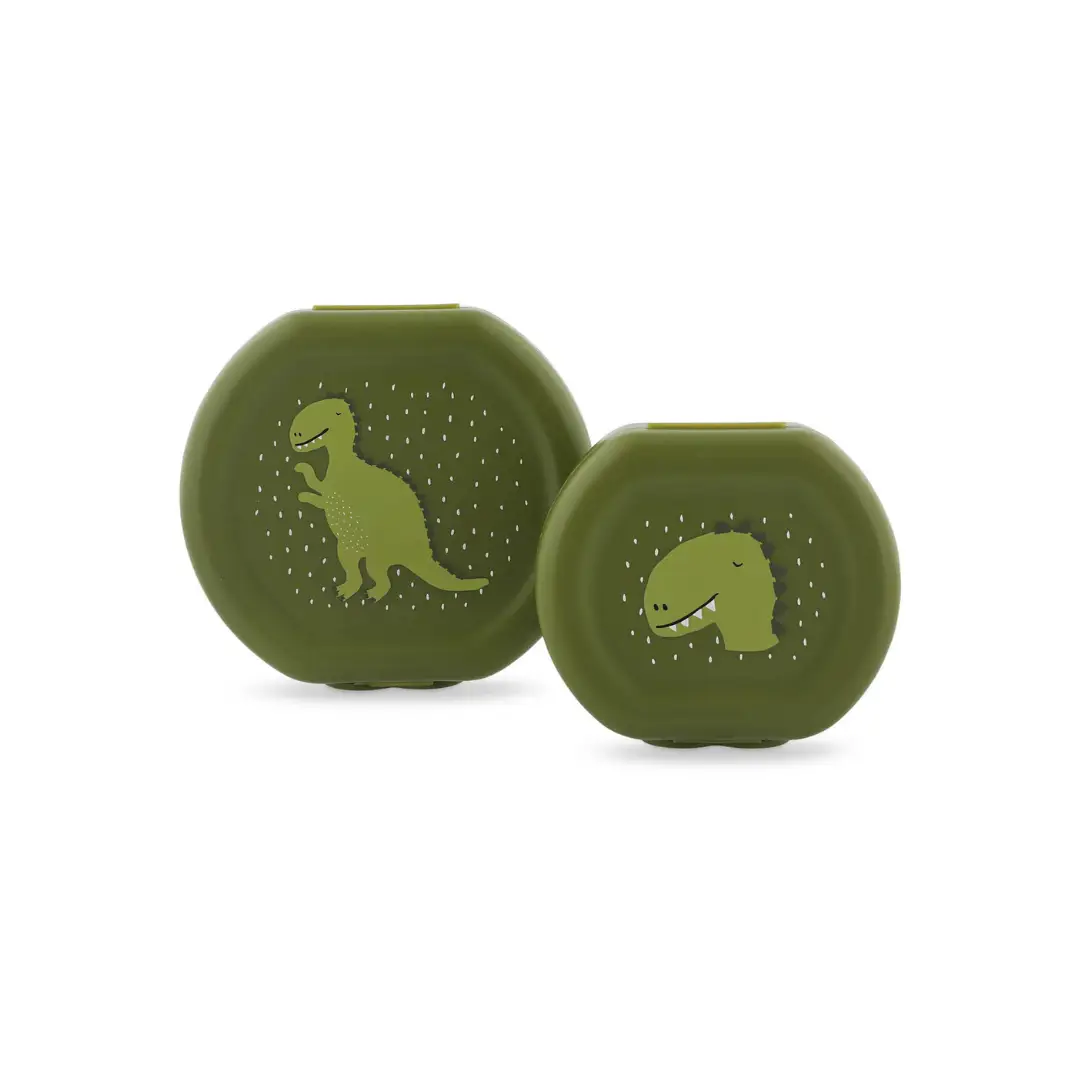 Set de 2 boîtes déjeuner TRIXIE Mr Dino, vert olive avec dinosaures dessinés