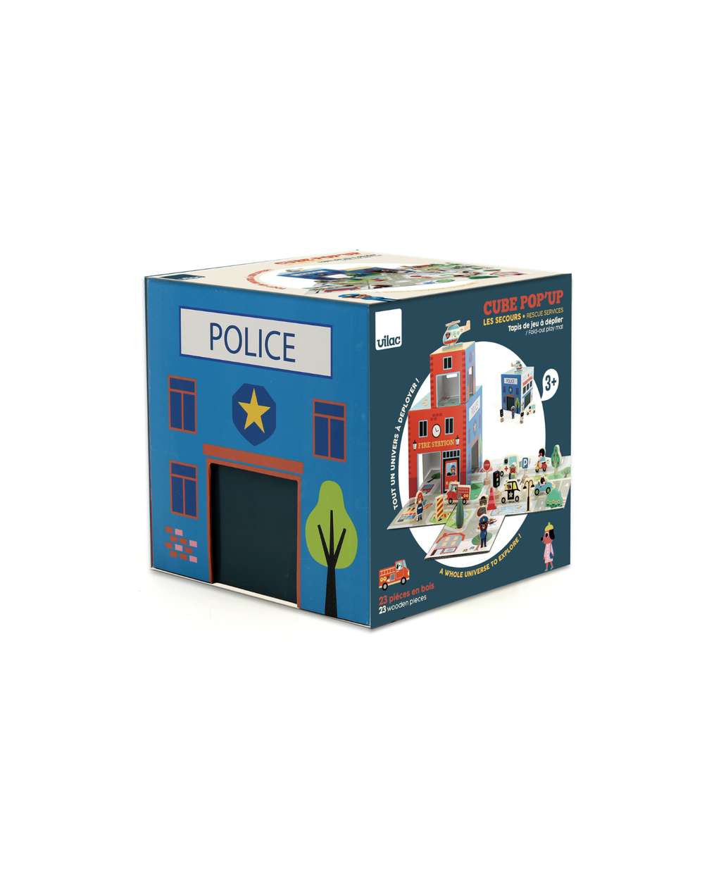 VILAC cube pop up Les Secours en bois, jeu d'assemblage, 23 pièces, 3+