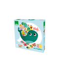Whaly jeu d'équilibre en bois par Vilac; baleine verte avec poissons colorés sur emballage bleu