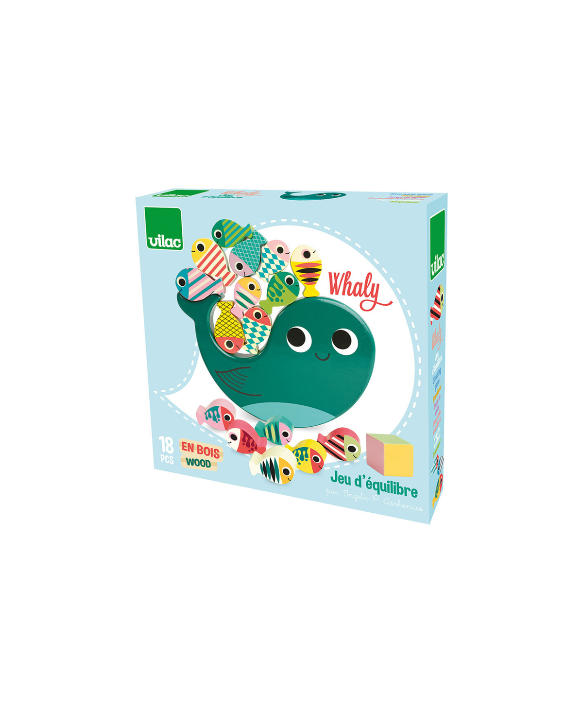 Whaly jeu d'équilibre en bois par Vilac; baleine verte avec poissons colorés sur emballage bleu
