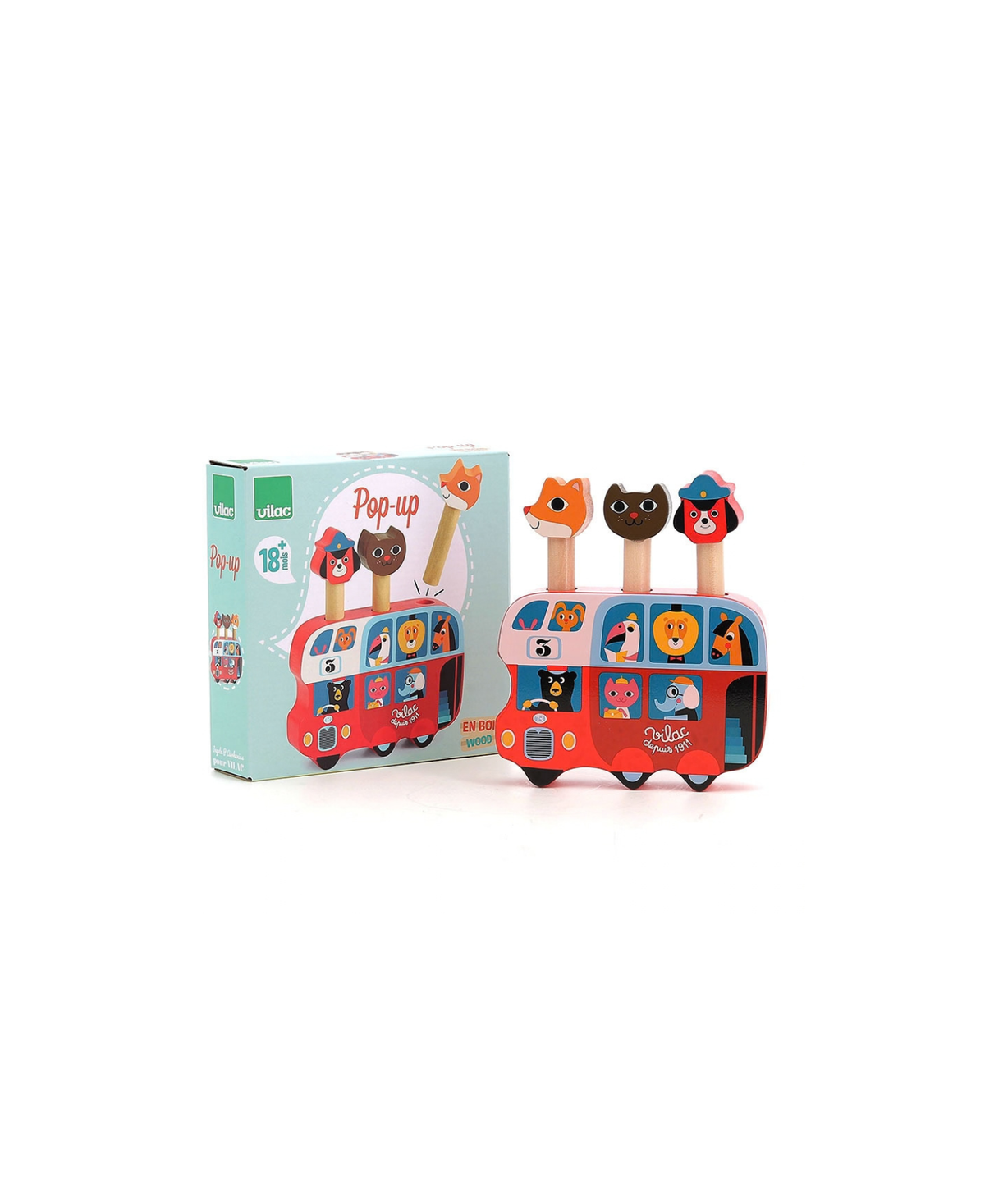 VILAC pop-up autobus 18m+ red double-decker bus with three animal-head toppers on wooden pegs, Citron Grenadine