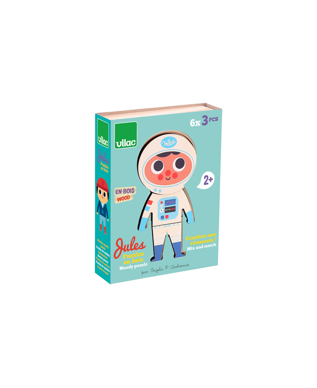 Vilac Jules puzzles en bois à habiller; boîte turquoise avec personnage astronautique, 2+ ans, 6x3 pièces