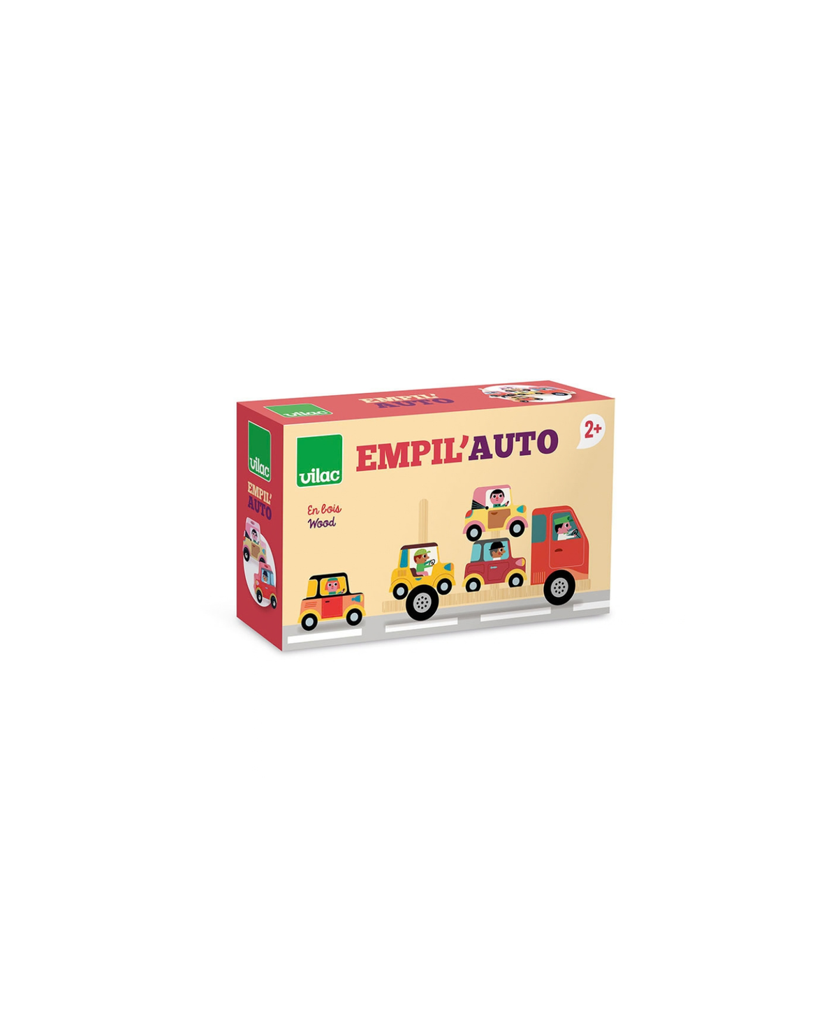Empil’Auto City wooden sorting and stacking toy by Vilac; colorful vehicle set for ages 2+