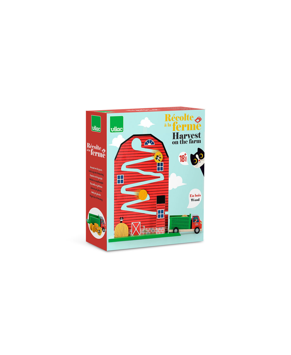 Jouet d’éveil en bois Récolte à la ferme par Vilac, pour bébés, boîte turquoise avec ferme rouge et tracteur.