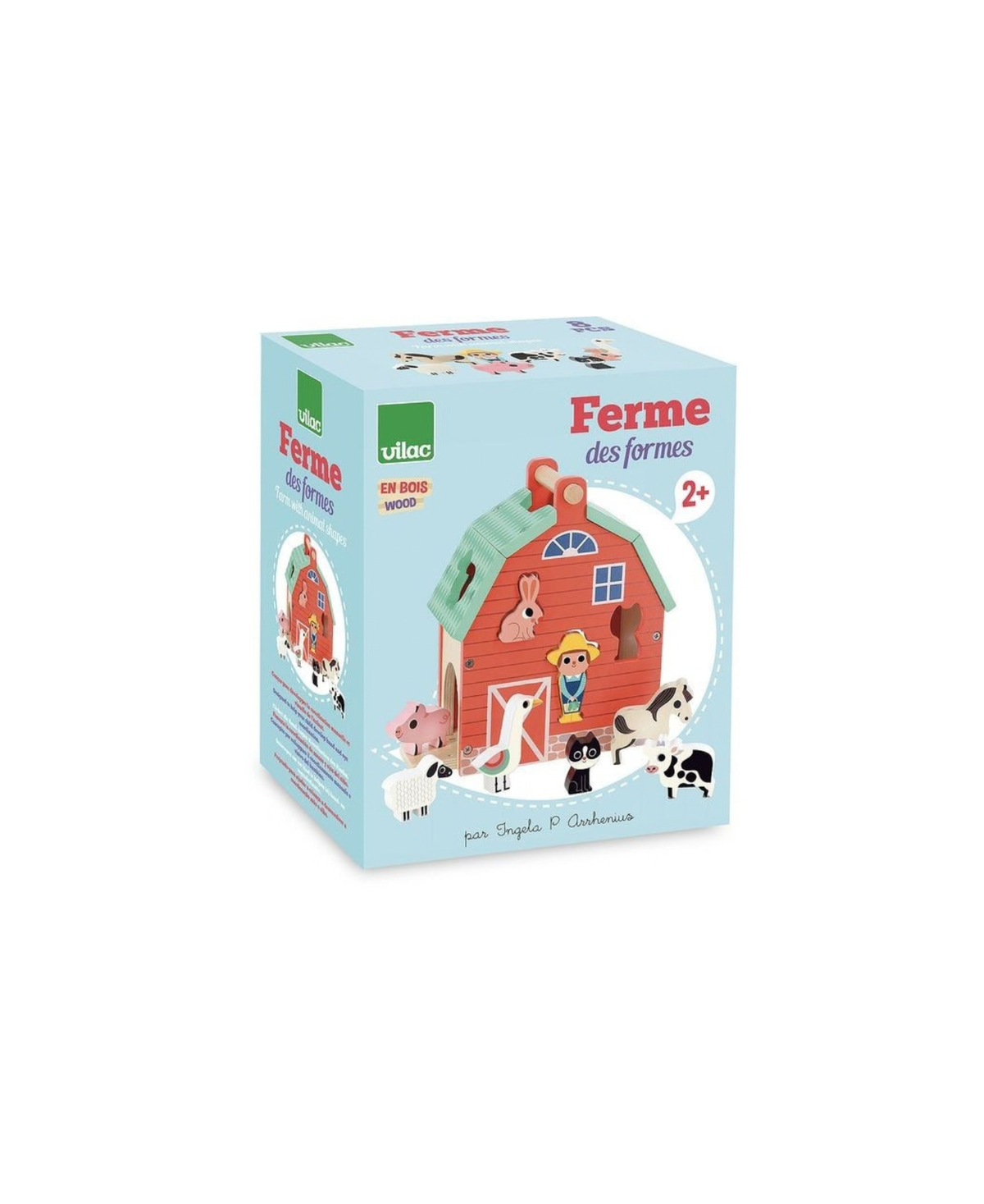 Ferme des formes en bois par Vilac, jouet éducatif 2+, boîte bleu clair avec ferme et animaux